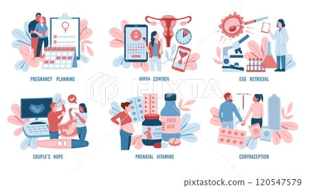 Family planning scenes. Pregnant women, gynecology, birth control, conception and gestation, reproductive function, happy man and woman, baby and doctor, tidy vector cartoon flat concept Family planning scenes. Pregnant women, gynecology, birth control, conception and gestation, reproductive function, happy man and woman, baby and doctor, tidy vector cartoon flat concept 120547579