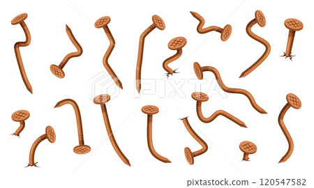 Rusty curved nails. Vintage iron bent hobnails with checkered heads, hammered old pins, carpentry connecting industrial instrument elements, cartoon flat isolated nowaday vector set Rusty curved nails. Vintage iron bent hobnails with checkered heads, hammered old pins, carpentry connecting industrial instrument elements, cartoon flat isolated nowaday vector set 120547582