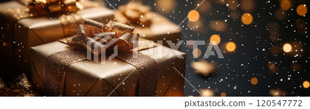 Gold wrapped gift box with bow on black background. Concept of celebration and joy 120547772
