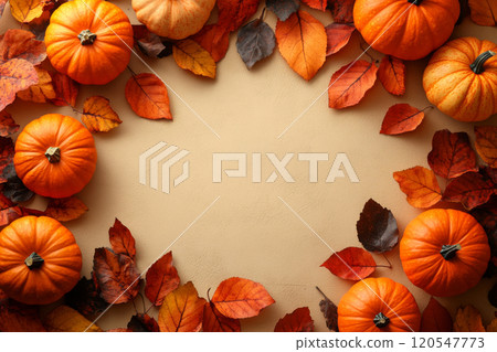Circle of orange pumpkins and autumn on beige background with copy space 120547773