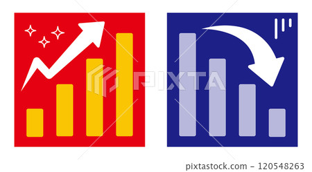 Icon illustration of rising and falling red and blue arrows, bar graph going up and down 120548263