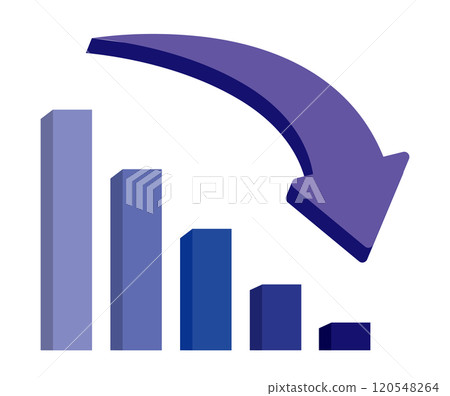 帶有下降藍色箭頭、遞減長條圖的圖形 3D 插圖 帶有下降藍色箭頭、遞減長條圖的圖形 3D 插圖 120548264