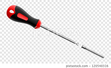 Hex-Screwdriver with ballpoint and bolt isolated on transparent background. Black and red long screwdrivers. Metal tool for Home Repairs and Mechanical Work. Realistic 3d vector illustration. Hex-Screwdriver with ballpoint and bolt isolated on transparent background. Black and red long screwdrivers. Metal tool for Home Repairs and Mechanical Work. Realistic 3d vector illustration. 120548316