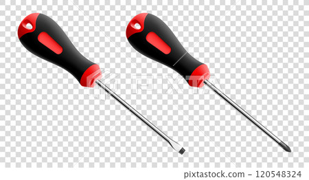 Flathead screwdriver and phillips screwdriver isolated on transparent background. Black and red long screwdrivers. Metal tool for Home Repairs and Mechanical Work. Realistic 3d vector illustration. 120548324
