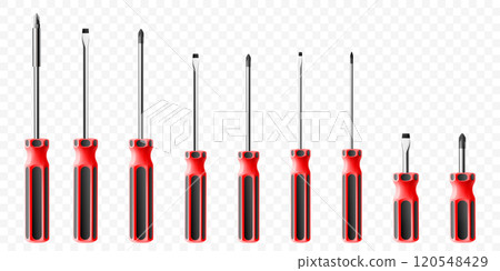 Set of screwdrivers isolated on transparent background. Black and red long and short screwdrivers. Metal tool for Home Repairs and Mechanical Work. Realistic 3d vector illustration. Set of screwdrivers isolated on transparent background. Black and red long and short screwdrivers. Metal tool for Home Repairs and Mechanical Work. Realistic 3d vector illustration. 120548429