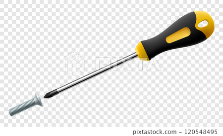 Screwdriver with bolt isolated on transparent background. Black and yellow long screwdrivers. Metal tool for Home Repairs and Mechanical Work. Realistic 3d vector illustration. 120548495
