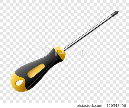 Phillips screwdriver isolated on transparent background. Black and yellow short screwdrivers. Metal tool for Home Repairs and Mechanical Work. Realistic 3d vector illustration. 120548496