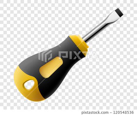 Flat head screwdriver isolated on transparent background. Black and yellow short screwdrivers. Metal tool for Home Repairs and Mechanical Work. Realistic 3d vector illustration. 120548536