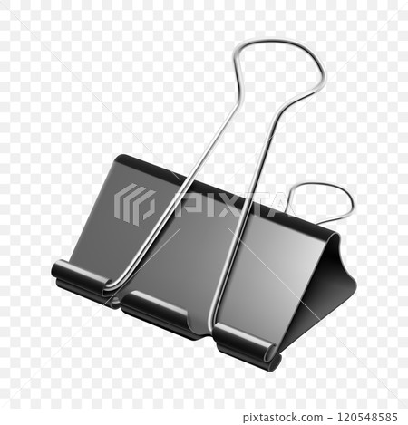 Metal black papers clip. Black paper clip. Steel office supplies, paper holder isolated on transparent background. Realistic 3d vector illustration 120548585