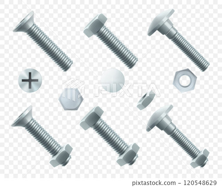 Set of steel bolts and hex nut isolated on white background. Realistic 3d stainless steel bolt and nut icon. screw-nuts and bolts. Isometric vector illustration 120548629