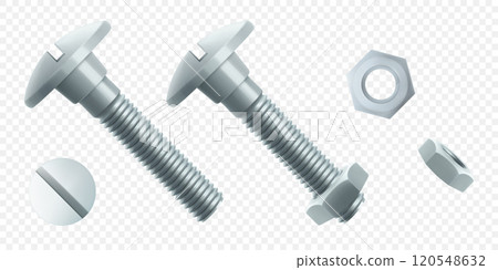 Steel bolts and hex nut isolated on white background. Realistic 3d stainless steel bolt and nut icon. Screw-nuts and bolts. Isometric vector illustration 120548632
