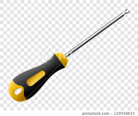 Screwdriver isolated on transparent background. Black and yellow long screwdrivers. Metal tool for Home Repairs and Mechanical Work. Realistic 3d vector illustration. 120548633