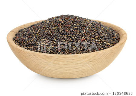 black quinoa in wooden bowl isolated on white background black quinoa in wooden bowl isolated on white background 120548653