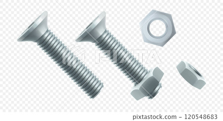 Isometric vector illustration steel bolt or screw isolated on white background. Realistic 3d stainless steel bolt and nut icon. screw-nuts and bolts. Isometric vector illustration steel bolt or screw isolated on white background. Realistic 3d stainless steel bolt and nut icon. screw-nuts and bolts. 120548683