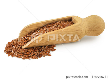 flaxseed in wooden scoop isolated on white background. 120548712