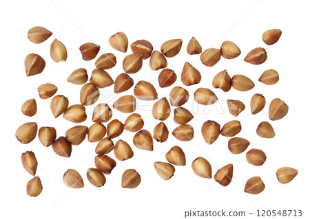 Raw buckwheat isolated on white background. Top view. Flat lay Raw buckwheat isolated on white background. Top view. Flat lay 120548713