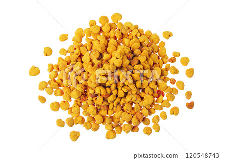 Bee pollen grains isolated on white background. Top view. Flat lay 120548743