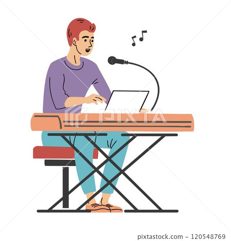A young man sings into a microphone and plays the piano A young man sings into a microphone and plays the piano 120548769