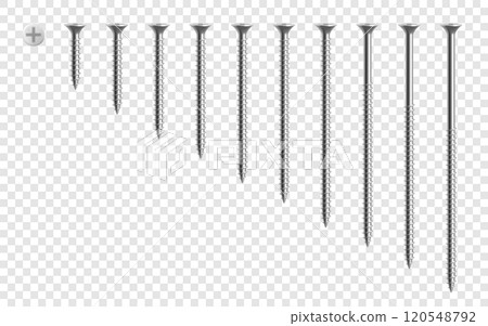 Set of metal screw,isolated on transparent background. Universal black steel screws. Realistic 3d Vector illustration 120548792