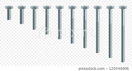 Set of steel bolts and hex nut isolated on white background. stainless steel bolt and nut icon. Set of isometric screw-nuts and bolts. Realistic 3d vector illustration 120548806