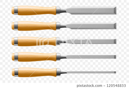 Set of chisels, carpentry hand tools for woodworking and wood carving. Stand for working with wood. Chisels with wooden handle isolated on transparent background. Realistic 3d Vector illustration. Set of chisels, carpentry hand tools for woodworking and wood carving. Stand for working with wood. Chisels with wooden handle isolated on transparent background. Realistic 3d Vector illustration. 120548833