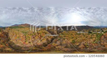 Aerial view of Naruko Gorge in autumn leaves VR 120548860