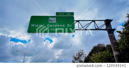 Highway with Green Directional Sign to Miami Gardens Dr 120549141
