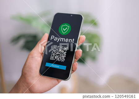 Hands holding mobile phone, Qr code payment or cashless technology concept. Coffee shop accepting digital pay without money, Meaningless QR code, Hand using mobile phone application to scan qr code. Hands holding mobile phone, Qr code payment or cashless technology concept. Coffee shop accepting digital pay without money, Meaningless QR code, Hand using mobile phone application to scan qr code. 120549161