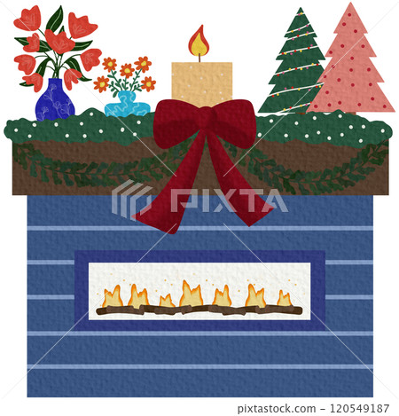 A cozy fireplace with socks and gifts for Christmas or the new year, with a decor of candles and a hot mug of tea on a white background in the style of a flat 120549187