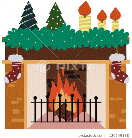 A cozy fireplace with socks and gifts for Christmas or the new year, with a decor of candles and a hot mug of tea on a white background in the style of a flat 120549188