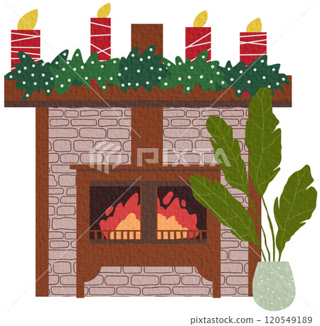 A cozy fireplace with socks and gifts for Christmas or the new year, with a decor of candles and a hot mug of tea on a white background in the style of a flat 120549189