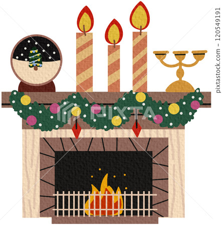 A cozy fireplace with socks and gifts for Christmas or the new year, with a decor of candles and a hot mug of tea on a white background in the style of a flat A cozy fireplace with socks and gifts for Christmas or the new year, with a decor of candles and a hot mug of tea on a white background in the style of a flat 120549191
