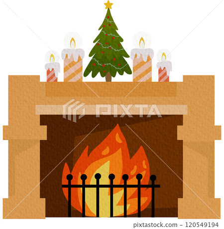 A cozy fireplace with socks and gifts for Christmas or the new year, with a decor of candles and a hot mug of tea on a white background in the style of a flat A cozy fireplace with socks and gifts for Christmas or the new year, with a decor of candles and a hot mug of tea on a white background in the style of a flat 120549194
