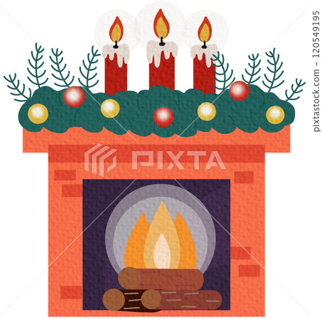 A cozy fireplace with socks and gifts for Christmas or the new year, with a decor of candles and a hot mug of tea on a white background in the style of a flat 120549195