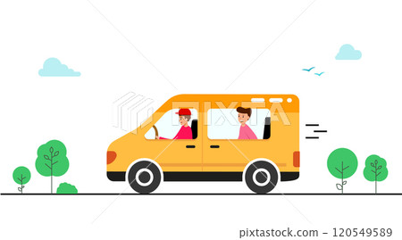 Delivery infographic. Courier rides along the road on a delivering orders to different points. design with vector city. 120549589