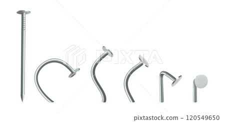 Straight and bent metal nails isolated on white background. Steel and iron curved nail pins and heads. Metallic hardware set. Industrial equipment or tool for fixing or repairing. Realistic 3d vector 120549650