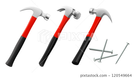 Carpenter's hammers with nails, isolated on white background. Fitter's or locksmith's hammer in different angles. Isometric illustration. Realistic 3d vector design 120549664