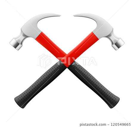 Two Crossed Carpenter's hammers isolated on white background. Fitter's hammer for chiselling and driving in nails and dowels as well as for joining components. Realistic 3d vector illustration 120549665