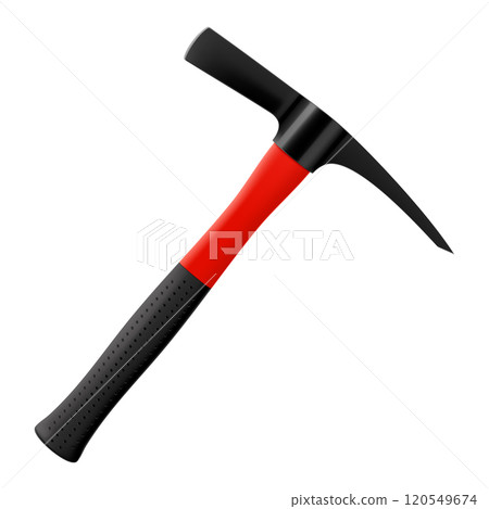 Pickaxe hammer isolated on white background. Rock hammer tool. Hand percussion tool for master stonemasons, builders, sculptors for processing various types of stone. Realistic 3D vector illustration Pickaxe hammer isolated on white background. Rock hammer tool. Hand percussion tool for master stonemasons, builders, sculptors for processing various types of stone. Realistic 3D vector illustration 120549674