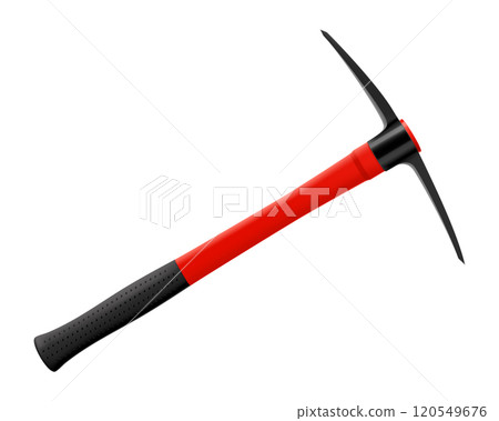 Pickaxe hammer or pick axe isolated on white background. Geological rock pick hammer. Hand percussion tool for master stonemasons, builders, sculptors for processing of stone. Realistic 3D vector Pickaxe hammer or pick axe isolated on white background. Geological rock pick hammer. Hand percussion tool for master stonemasons, builders, sculptors for processing of stone. Realistic 3D vector 120549676