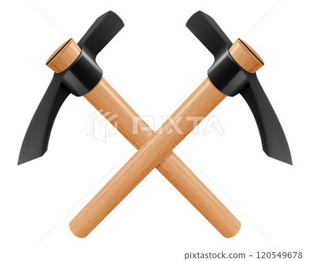Crossed pickaxe hammers isolated on white background. Hand percussion tool for master stonemasons, builders, sculptors for processing various types of stone. Realistic 3D vector illustration Crossed pickaxe hammers isolated on white background. Hand percussion tool for master stonemasons, builders, sculptors for processing various types of stone. Realistic 3D vector illustration 120549678