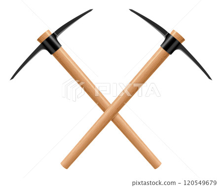 Crossed pickaxe hammers or pick axe isolated on white. Geological rock pick hammer. Hand percussion tool for master stonemasons, builders, sculptors for processing of stone. Realistic 3D vector Crossed pickaxe hammers or pick axe isolated on white. Geological rock pick hammer. Hand percussion tool for master stonemasons, builders, sculptors for processing of stone. Realistic 3D vector 120549679