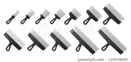 Set of Stainless Steel Putty Knife isolated on a white background. Plaster spatula. Construction, Building tool. Spackling instrument. Spatula for finishing work. Realistic 3d Vector illustration. Set of Stainless Steel Putty Knife isolated on a white background. Plaster spatula. Construction, Building tool. Spackling instrument. Spatula for finishing work. Realistic 3d Vector illustration. 120549695