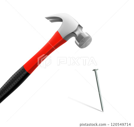 Carpenter hammer driving a nail, isolated on white background. Fitter's hammer for chiselling and driving in nails and dowels as well as for joining components. Realistic 3d vector illustration Carpenter hammer driving a nail, isolated on white background. Fitter's hammer for chiselling and driving in nails and dowels as well as for joining components. Realistic 3d vector illustration 120549714