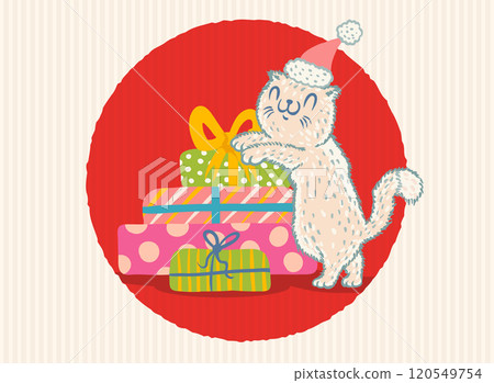 Vector illustration of a cute cat with Christmas gifts. Cat in Santa hat with presents. Cute illustration for winter holidays. Vector illustration of a cute cat with Christmas gifts. Cat in Santa hat with presents. Cute illustration for winter holidays. 120549754