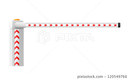 Universal boom barrier. Closed automatic barrier gate for parking of car. Barricade with flashing lamp for security. Border for entrance to park, garage, construction and checkpoint. Realistic Vector. 120549768