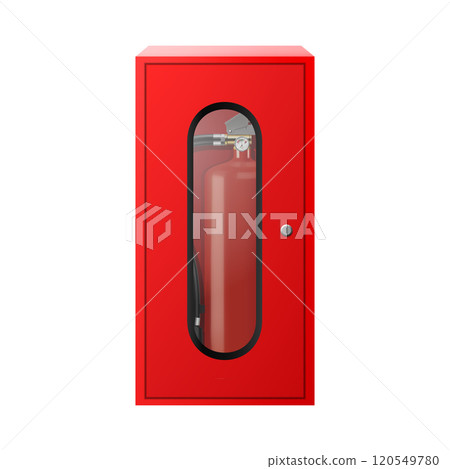 Fire Extinguisher Cabinet. Red box with fire extinguisher isolated on white background. Realistic 3D vector illustration. Mock up. Professional tool or instrument. Fire Extinguisher Cabinet. Red box with fire extinguisher isolated on white background. Realistic 3D vector illustration. Mock up. Professional tool or instrument. 120549780