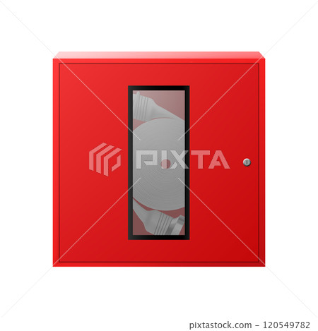 Extinguisher cabinet or fire shield, with fire extinguisher, fire hose, fire alarm. Isolated on white background. Realistic 3d vector illustration 120549782