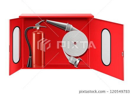 Opened extinguisher cabinet or fire shield, with fire extinguisher, fire hose, fire alarm. Isolated on white background. Realistic 3d vector illustration 120549783