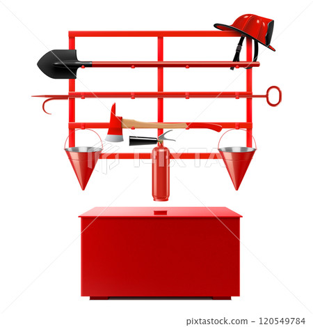 Open-type fire-fighting equipment stand with a tipping sandbox A stand with a fire shovel, a fire bucket, an axe, a fire extinguisher and a fireman's helmet. Realistic 3D vector illustration. 120549784
